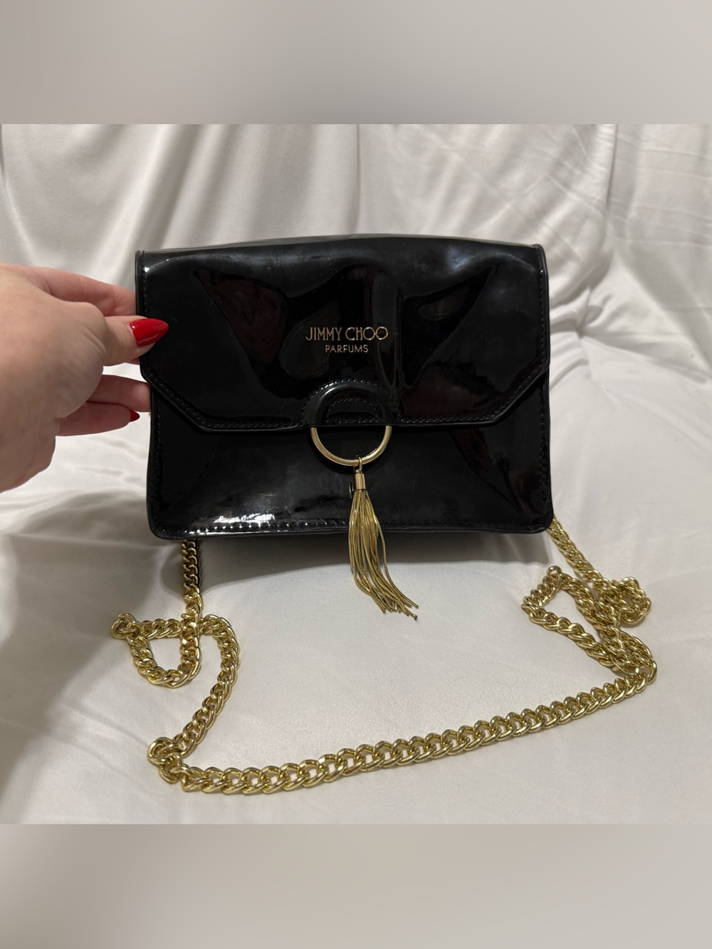 Jimmy Choo Black Patent Crossbody with Gold Chain & Tassel